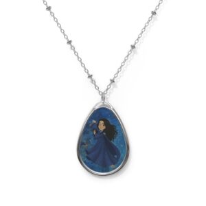 Dark Blue Fairy Illustration Oval Necklace | Teardrop Pendant, Silver Chain
